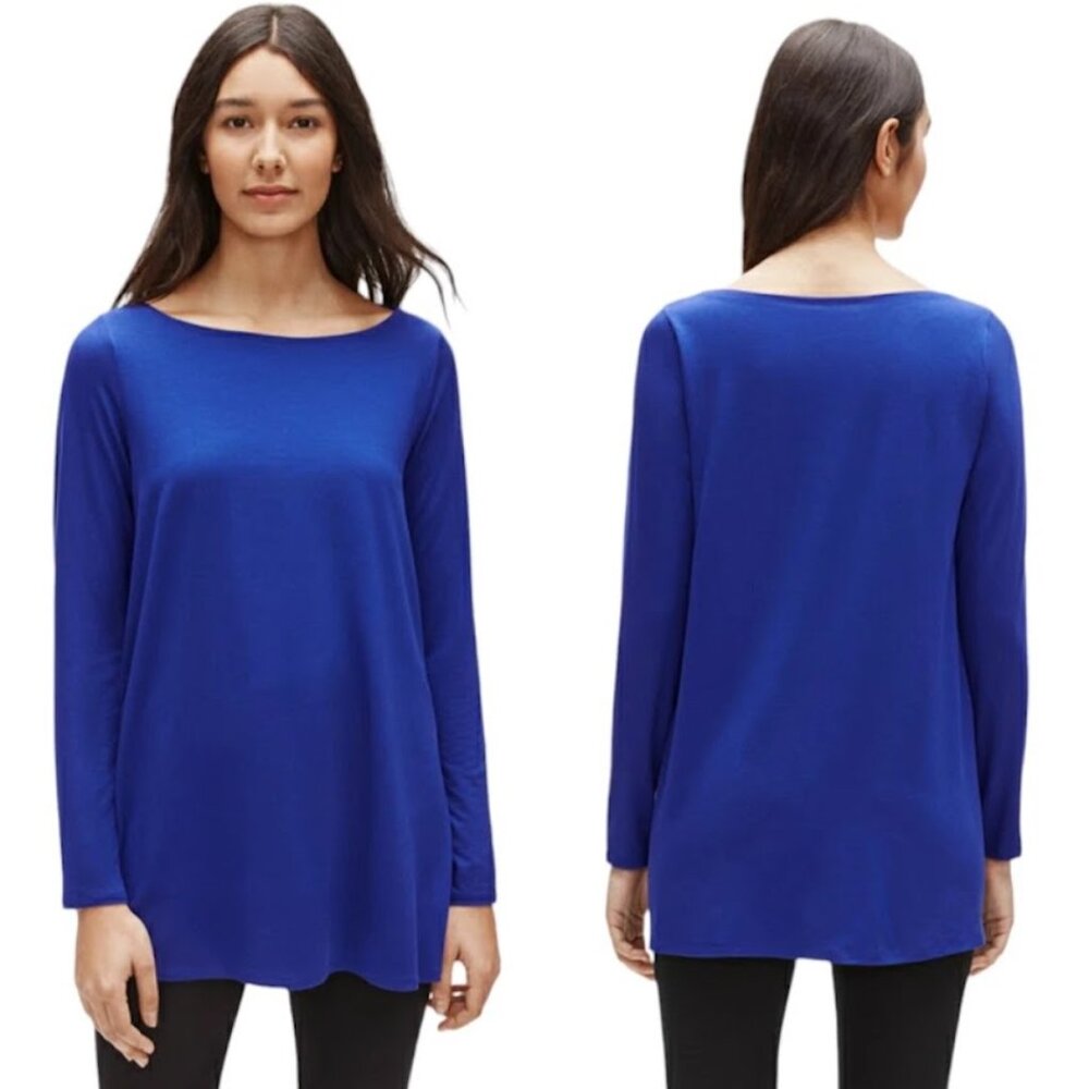 EILEEN FISHER Top, Blue Solid Long Sleeve Flowy Career Work Office Minimalist, S